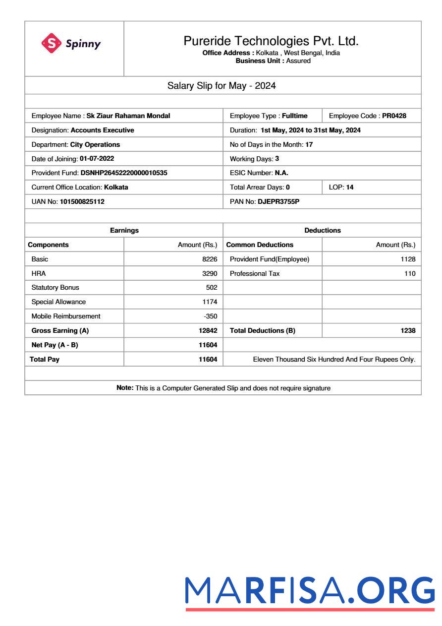 Printable Pureride Technologies salary slip download for verification